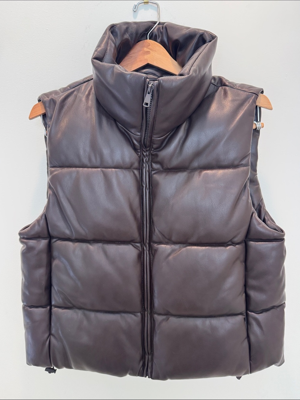 GAP Dark Brown Quilted Faux Leather Puffer Vest with High Collar